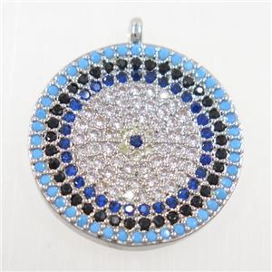 copper button circle pendant paved zircon, platinum plated, approx 19mm dia [FDZN5991]