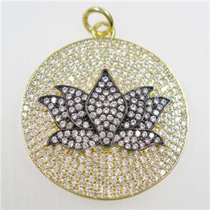 copper button Lotus pendant paved zircon, gold plated, approx 30mm dia [FDZN6003]