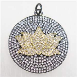 copper button Lotus pendant paved zircon, black plated, approx 30mm dia [FDZN6004]