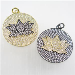 copper button Lotus pendant paved zircon, mix color, approx 30mm dia [FDZN6005]