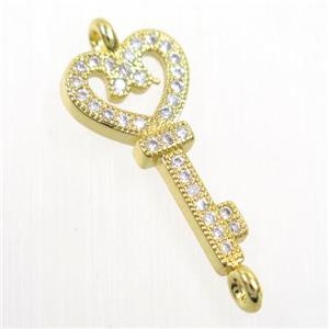 copper Key connector paved zircon, gold plated, approx 11-26mm [FDZN6017]