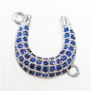 copper connector paved blue zircon, U-shape, platinum plated, approx 12-13mm [FDZN6021]