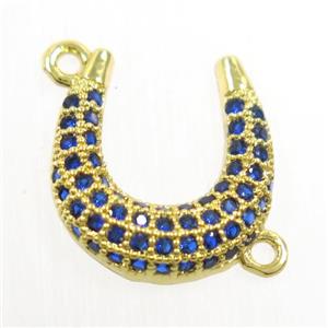 copper connector paved blue zircon, U-shape, gold plated, approx 12-13mm [FDZN6022]