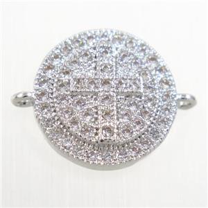 copper button cross connector paved zircon, platinum plated, approx 13mm dia [FDZN6073]