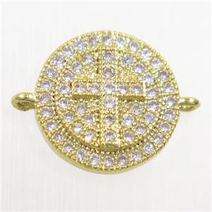 copper button cross connector paved zircon, gold plated, approx 13mm dia [FDZN6074]