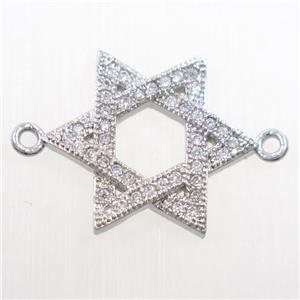copper david star connector paved zircon, platinum plated, approx 16-18mm [FDZN6083]