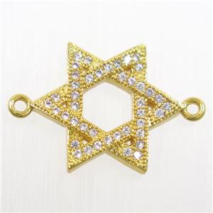 copper Hexagram connector paved zircon, gold plated, approx 16-18mm [FDZN6084]