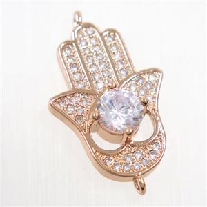 copper HamsaHand connector paved zircon, rose gold, approx 15-22mm [FDZN6097]