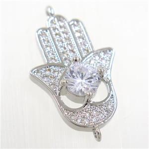 copper HamsaHand connector paved zircon, platinum plated, approx 15-22mm [FDZN6098]