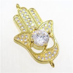 copper HamsaHand connector paved zircon, gold plated, approx 15-22mm [FDZN6099]