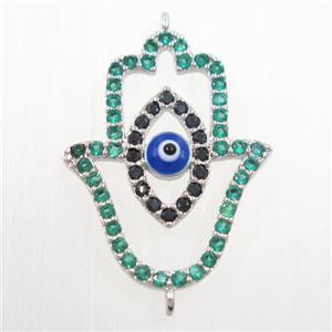 copper HamsaHand connector paved green zircon, evil eye, platinum plated, approx 19-25mm [FDZN6115]