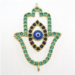 copper HamsaHand connector paved green zircon, evil eye, gold plated, approx 19-25mm [FDZN6116]