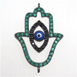 copper HamsaHand connector paved green zircon, evil eye, black plated, approx 19-25mm [FDZN6117]