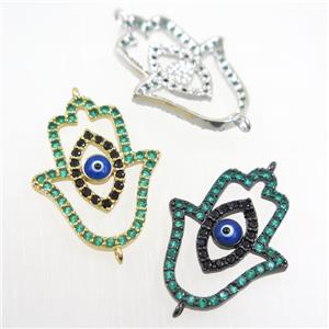 copper HamsaHand connector paved green zircon, evil eye, mix color, approx 19-25mm [FDZN6118]