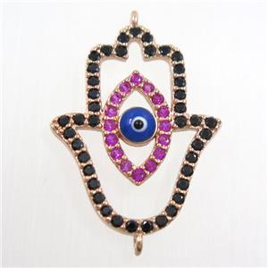 copper HamsaHand connector paved zircon, evil eye, rose gold, approx 19-25mm [FDZN6119]