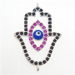 copper HamsaHand connector paved zircon, evil eye, platinum plated, approx 19-25mm [FDZN6120]