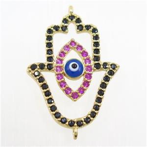 copper HamsaHand connector paved zircon, evil eye, gold plated, approx 19-25mm [FDZN6121]