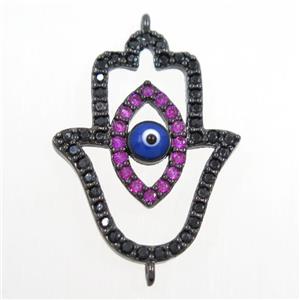 copper HamsaHand connector paved zircon, evil eye, black plated, approx 19-25mm [FDZN6122]