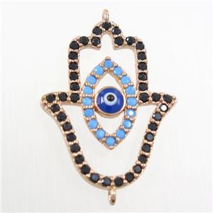 copper HamsaHand connector paved zircon, evil eye, rose gold, approx 19-25mm [FDZN6124]