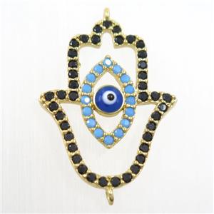 copper HamsaHand connector paved zircon, evil eye, gold plated, approx 19-25mm [FDZN6125]