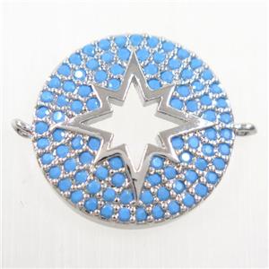 copper Button northStar connector paved zircon, turq, platinum plated, approx 17mm dia [FDZN6136]