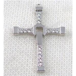 copper pendant pave zircon, cross, platinum plated, approx 30x40mm [FDZN614]