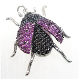 copper Beetle pendants paved zircon, platinum plated, approx 30-32mm [FDZN6237]