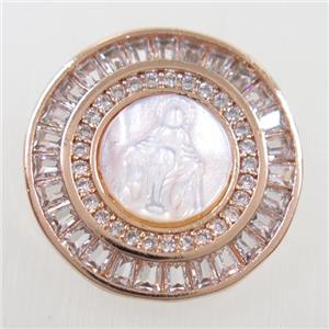 copper circle pendant paved zircon, shell Jesus, rose gold, approx 20mm dia [FDZN6250]