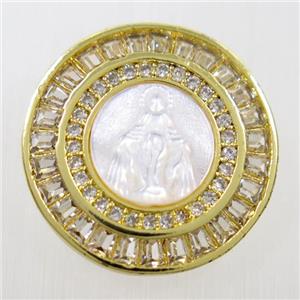 copper circle pendant paved zircon, shell Jesus, gold plated, approx 20mm dia [FDZN6252]
