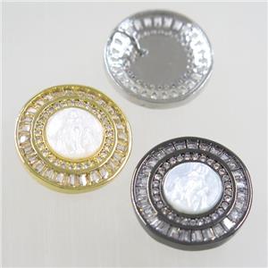 copper circle pendant paved zircon, shell Jesus, mix color, approx 20mm dia [FDZN6254]