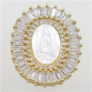 copper oval pendant paved zircon, shell Jesus, gold plated, approx 20-23mm [FDZN6256]