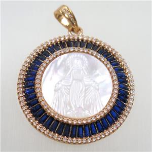 copper circle pendant paved zircon, shell Jesus, rose gold, approx 36mm dia [FDZN6259]