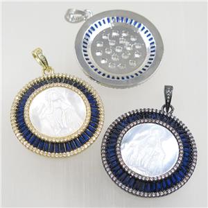 copper circle pendant paved zircon, shell Jesus, mix color, approx 36mm dia [FDZN6263]