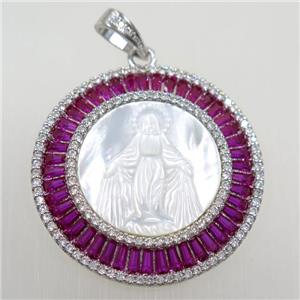 copper circle pendant paved zircon, shell Jesus, platinum plated, approx 36mm dia [FDZN6264]