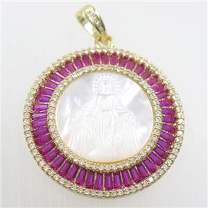 copper pendant paved zircon, shell Jesus, gold plated, approx 36mm dia [FDZN6265]