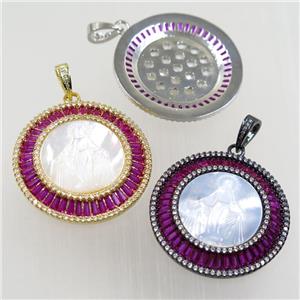 copper pendant paved zircon, shell Jesus, mix color, approx 36mm dia [FDZN6267]