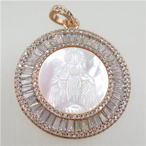 copper circle pendant paved zircon, shell Jesus, rose gold, approx 36mm dia [FDZN6268]