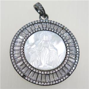 copper circle pendant paved zircon, shell Jesus, black plated, approx 36mm dia [FDZN6271]