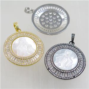 copper circle pendant paved zircon, shell Jesus, mix color, approx 36mm dia [FDZN6272]