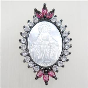copper oval pendant paved zircon, shell Jesus, black plated, approx 27-43mm [FDZN6275]