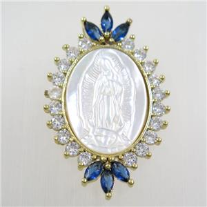 copper oval pendant paved zircon, shell Jesus, gold plated, approx 27-43mm [FDZN6278]