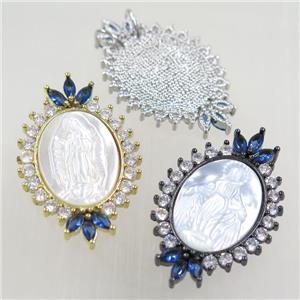 copper oval pendant paved zircon, shell Jesus, mix color, approx 27-43mm [FDZN6280]