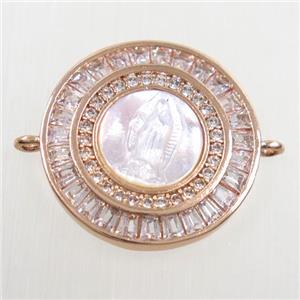 copper circle connector paved zircon, shell Jesus, rose gold, approx 20mm dia [FDZN6281]