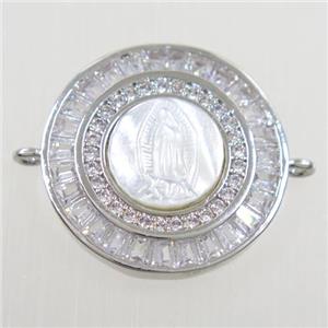 copper circle connector paved zircon, shell Jesus, platinum plated, approx 20mm dia [FDZN6282]