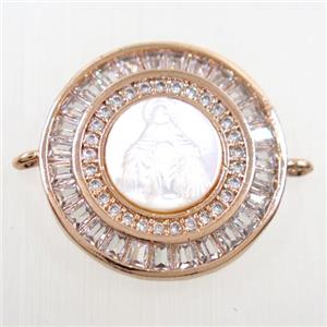 copper circle connector paved zircon, shell Jesus, rose gold, approx 20mm dia [FDZN6286]