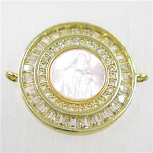 copper circle connector paved zircon, shell Jesus, gold plated, approx 20mm dia [FDZN6288]