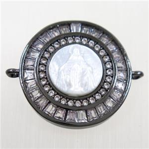 copper circle connector paved zircon, shell Jesus, black plated, approx 20mm dia [FDZN6289]