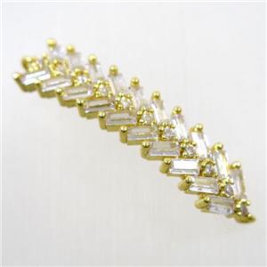 copper Fishbone connector paved zircon, gold plated, approx 8-33mm [FDZN6317]