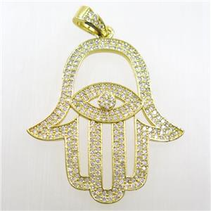 copper Hamsa Hand pendant paved zircon, gold plated, approx 35-38mm [FDZN6322]