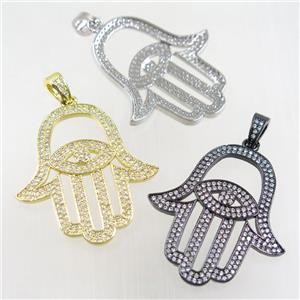 copper Hamsa Hand pendant paved zircon, mix color, approx 35-38mm [FDZN6324]